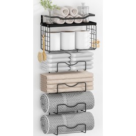 Towel Racks for Bathroom,Towel Rack Wall Mounted, 6 Tier Rolled Or Folded Towel Holder with Floating Shelves, Bathroom Towel Holder for Bath, Hand Towels,Metal and Wood,Full Black