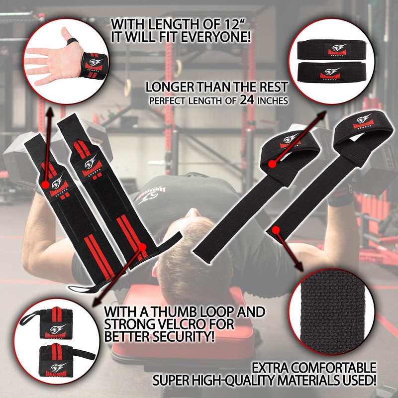 Lifting Wrist Straps + Wrist Wraps Combo for Weightlifting Fitness