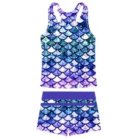 UNIFACO Girls Swimsuit Size 8 Mermaid Two Piece Bathing Suit Kids Tankini Set Purple Pink Swimwear Racerback Tank Top Beachwear