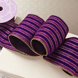 4" X 10 Yards Purple Regal Stripes Velvet Wired Ribbon Christmas
