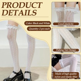 KWJEIULSOQ 4 Pairs Of Knee High Lace Socks, Lolita Frilly Socks for Girls, Fishnet Patterned Stockings for Women, White And Black