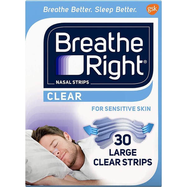 Breathe Right Nasal Strips for Sensitive Skin, Large, Clear, 30 Strips