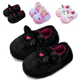 Kids Slippers Girls Cute Bunny Slippers Children Unicorn Slippers Novelty Cat Slippers Toddler Closed-back Warm House Anti-slip Fluffy Slippers(Cat Black28/29)
