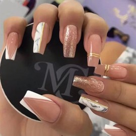 Juneyemo Pack of 24 Pink Ballarina Fake Nails Medium Coffin Press on Nails Shiny False Nails Acrylic Nails for Women and Girls (C)