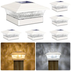 Solar Post Cap Lights Outdoor 6pack, Waterproof Fence Post Lights with 16 Ultra Bright LEDs Fit 4x4/5x5/6x6 Wood/Vinyl Posts, White Deck Post Lights with Warm/Cool White for Garden, Patio, Porch, Yard