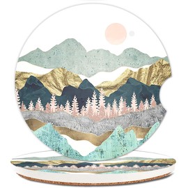 Absorbent Car Coasters 2 Pack for Women/Men,Car Coaster for Drinks,Ceramic Stone Car Cup Holder with A Finger Notch,Summer Mountain