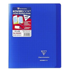 Clairefontaine Koverbook 951422C Exercise Book 17 x 22 cm 48 Sheets 90 g French Ruling Transparent Polypropylene Cover 2 Transparent Pockets Robust Stapled Navy Blue Pack of 1