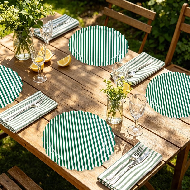 30Pcs Green Striped Paper Plates, Scalloped, Minimalist, 9 In