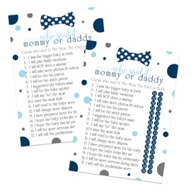 Paper Clever Party Blue Baby Shower Games for Boys - 25 Guess Who Mommy or Daddy Game Cards - Fun Prize Guessing Activities for Guests - Navy and Grey Little Man Bowtie Theme