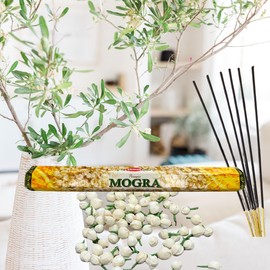 Krishan Premier Mogra Incense Sticks Tradtional Indian Hend Rolling 120Joss Sticks 6 Hexa Tubes of 120 Joss Sticks Yoga Tempal Home Garden Organic Positive vibes