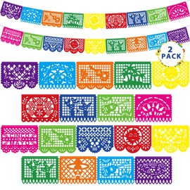 36 FT Cinco De Mayo Decorations, 2 Pack Mexican Party Banner, Plastic Fiesta Banner Colorful Papel Picado Hanging Banner String Flags Mexican Theme Party Dia De Los Muertos Day of the Dead Decor