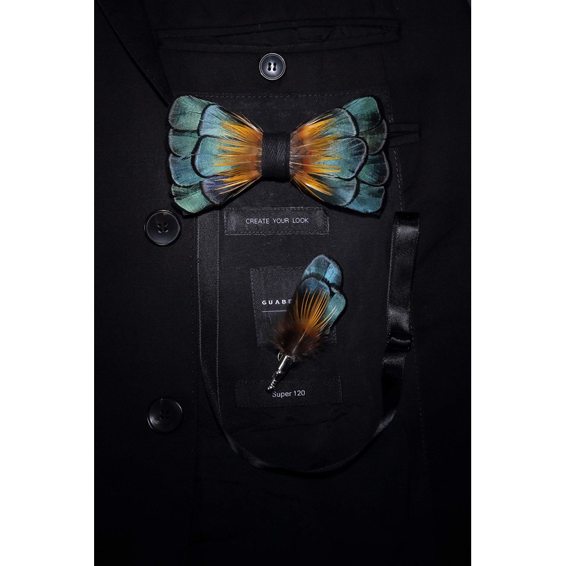 JEMYGINS Blue Feather Bow Tie Leather Bow tie and Brooch