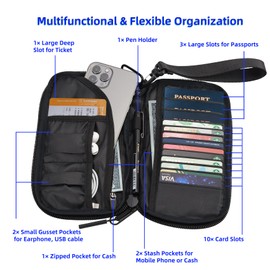 RRvane Travel Wallet Lightweight Zipped Document Organizer Bag Family Passport Holder with Detachable Wrist Strap for Women and Men (Black, Classic)