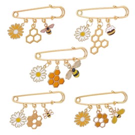 PH PandaHall 5 Styles Daisy Bee Brooches 5pcs Safety Pin Brooches Alloy Enamel Pins Sweater Shawl Clips Honeycombs Charms Pins for Clothing Dress Decoration Accessories Wedding Party Women, Golden