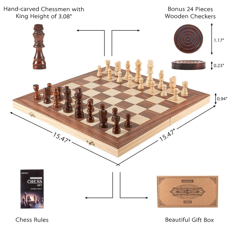 AMEROUS 15'' Wooden Chess & Checkers Set, 2 in 1