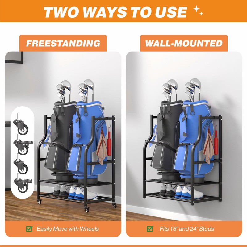 Ultrawall Wall Mount Golf Bag Organizer, 2 Golf Bag Storage