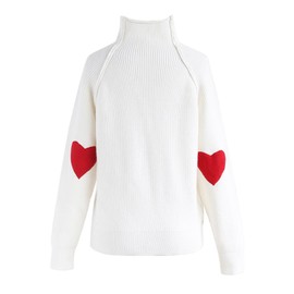 CHICWISH Women Comfy Casual Long Sleeve Heart Shape Patched White Knit Top Pullover Sweater