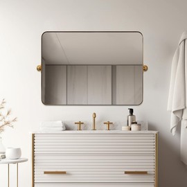 MOON MIRROR 30" x 22" Brushed Gold Metal Framed Pivot Rectangle Bathroom Mirror for Wall Mounted, Tilting Rounded Corner Rectangular Wall Mirror Pivots Horizontally Only(Overall 33.75" x 22")