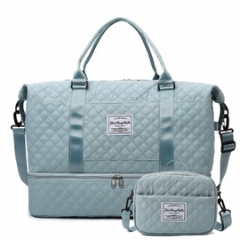 Travel Duffle Bag,Weekender Bags for Women with Shoe Compartment，Carry on Overnight Bag with Toiletry Bag,Gym Duffel Bag with Wet Pocket, Hospital Bags for Labor and Delivery, Light Blue-Large-3 Pcs,