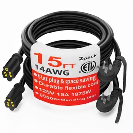 HUANCHAIN 14 Gauge 15 FT (2PACK) Flat Plug Extension Cord Black Indoor Outdoor, Heavy Duty 3 Prong Grounded Low Profile Extension Wire Flexible, 15A 1875W 125V 14AWG SJTW, ETL Listed