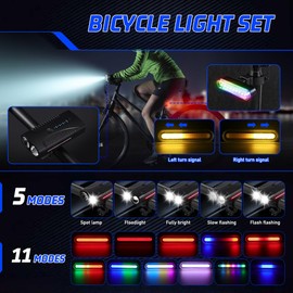 Bike Light Front and Back Rechargeable, 2025 New Bicycle Headlight and RGB Tail Light Set with Turn Signal, Wireless Bike Headlight with Bike Horn and 15 Modes Rainbow Bike Light for Night Riding