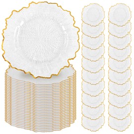 Lumaycens 50PCS Clear Charger Plates 13" Round Charger Plates Bulk Reef Chargers for Dinner Plate Decorative Gold Chargers Plastic Plate for Wedding Party Event Baby Bridal Shower Table Decoration