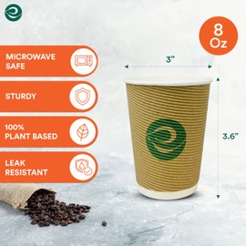 ECO SOUL 8 Oz Compostable Ripple Paper Cups (200 Pack) With Lids – Biodegradable Paper Cups, Non-Toxic Disposable Cups For Hot Drinks, To-Go Coffee Cups, Eco-Friendly