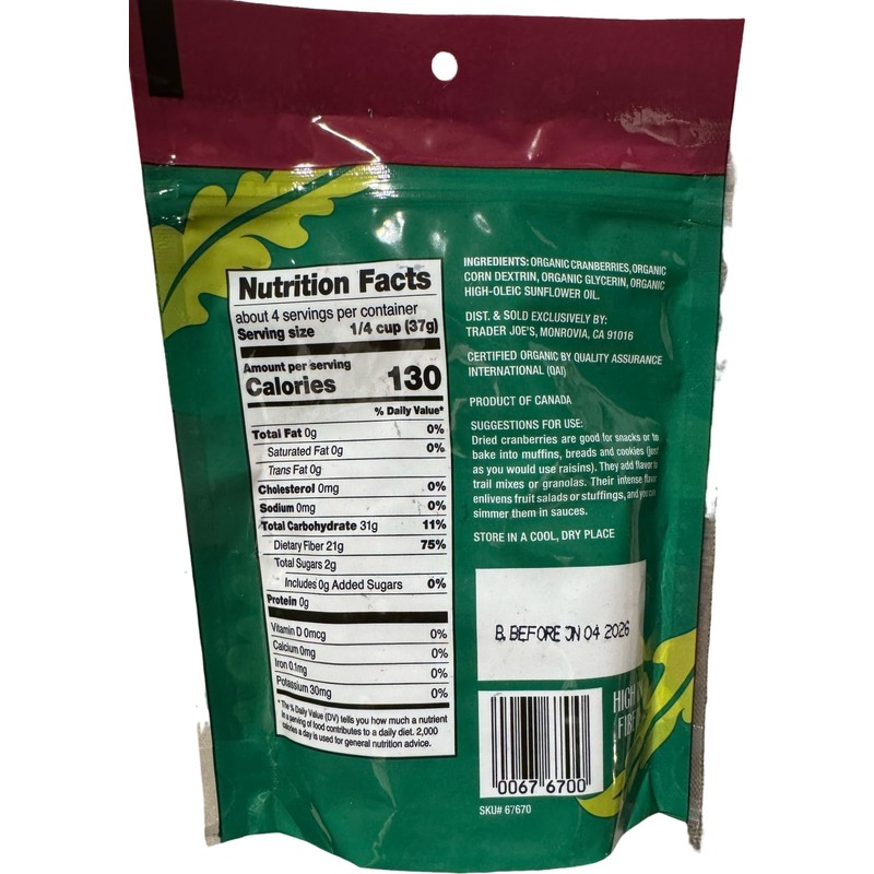 Trader Joe's Organic Dried Cranberries, No Sugar Added, High In
