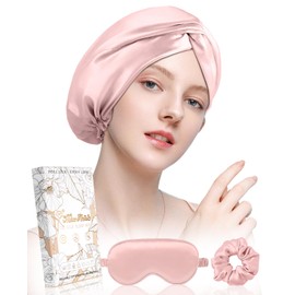 Miss Adola Silk Bonnet for Women - Mulberry Silk Sleep Cap for Hair Care with Eye Mask & Scrunchie 19 Momme Night Cap Sleeping Set with Elastic Stay On Head, Light Pk