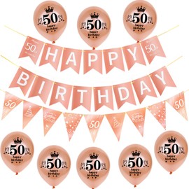 Rose Gold Garland Happy 50th Birthday Banner + 50th Birthday Triangle Flag Banner + 8 Pieces Happy 50th Birthday Balloons 50th Birthday Decoration for Women Girls, 50th Birthday Women Party Decoration