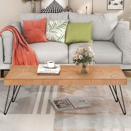 Modern Coffee Table, Easy Assembly Tea Table, Thicken Cocktail Table with w/Chevron Pattern & Metal Hairpin Legs for Living Room, Ash Wood Finished (Natural)