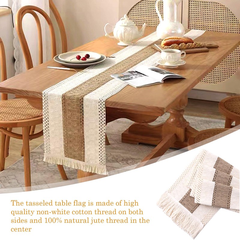 INHEMING Macrame Table Runner with Tassels, Beige Table Runner in