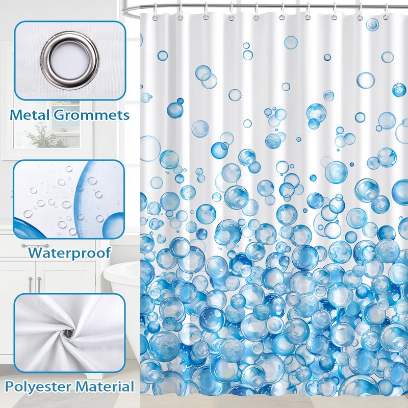 Modern Blue Ombre Bubble Shower Curtain with 12 Hooks 72X72Inch