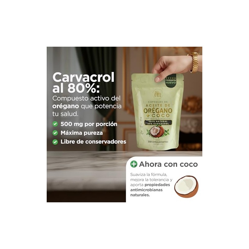 Ore 300 Cápsulas Aceite Orégano Carvacrol Timol Coco Pzas 500