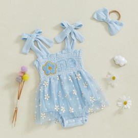 LYSINK Baby Girl 1st Birthday Outfit Sleeveless One Letters Tie-Up Tulle Romper Dress with Bow Hairband Infant Summer Clothes (Bg Blue, 12-18M)