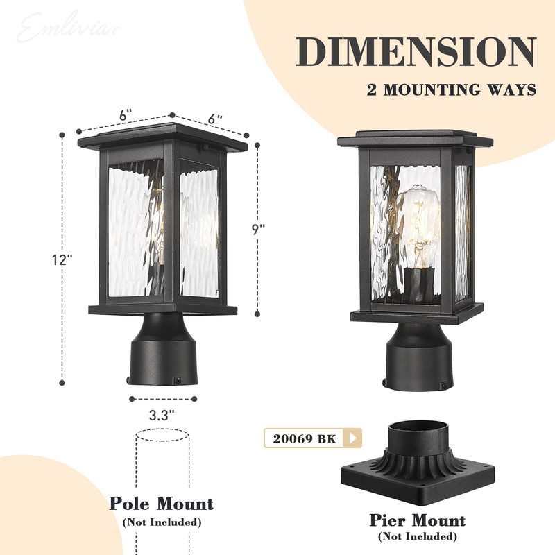 Emliviar Black Post Lights Outdoor, Waterproof Pillar Light Ideal for