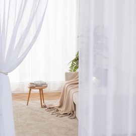 MIULEE Set of 2 Sheer Voile Curtains with Eyelets, Transparent Polyester Curtain for Living Room, Bedroom, 140 x 235 cm (W x H), White