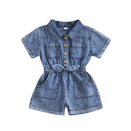 Edhomenn Summer Toddler Baby Girl Jumpsuit Short Sleeves Turn Down Collar Button Down Elastic Waist Jean Romper Baby One Piece Outfit (Blue, 18-24 Months)