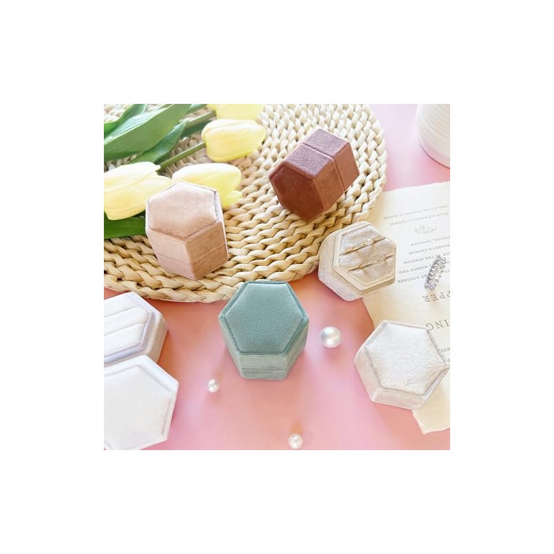 Caja de anillos de terciopelo hexagonal de 2 ranuras para