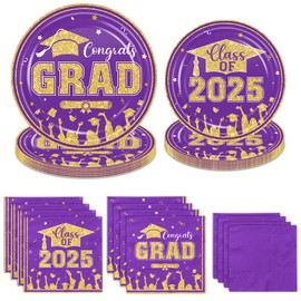 Guzbewu Graduation Party Supplies,Purple And Gold Dessert Graduation Plates and Cocktail Napkins Sets,Congratulations On the 2025 Purple Graduation Dinnerware Decorations,Serve 50