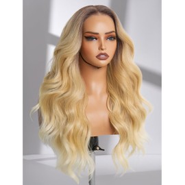 GORGIUS Ombre Blonde Wavy Lace Front Wigs Pre Cut Glueless Synthetic Wig 10.5x5x1.25 Pre Plucked Middle Part Frontal Wig with Natural Hairline 24 Inch