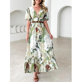 Flessibili Womens V Neck Flutter Sleeve Boho Midi Dress Summer Wedding Guest Beach Party Long Dresses Green Abstract Large