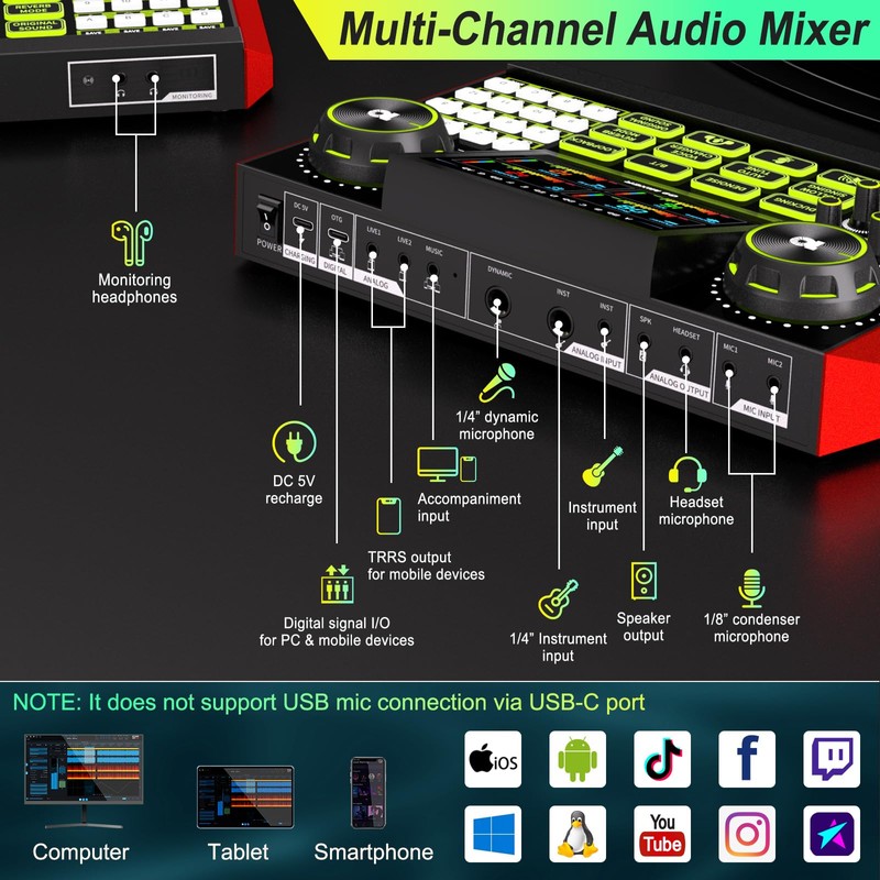 Audio Mixer, Sound Board for Pc/Phone Live Streaming Singing Gaming,
