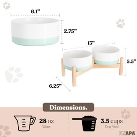 Ilyapa Ceramic Dog Bowls - Elevated Dog Bowl Stand for Medium Sized Pet with Raised Food and Water Set - Green Double 6 inch, 28 Oz Bowls & 13x6.3x5.5 Wooden Stand