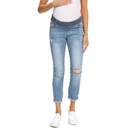 Foucome Women's Maternity Jeans Stretch Ripped Boyfriend Jeans Pregnancy Denim Pants with Pockets(Blue, M)