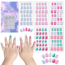 SIUSIO SIUSIO 120 Pcs 5 Pack Children Acrylic Fake Nails Press on Pre-glue Full Cover Glitter Gradient Color Rainbow Short False Nail Art Kits Set for Kids Little Girls - Multicolor Gradient Series
