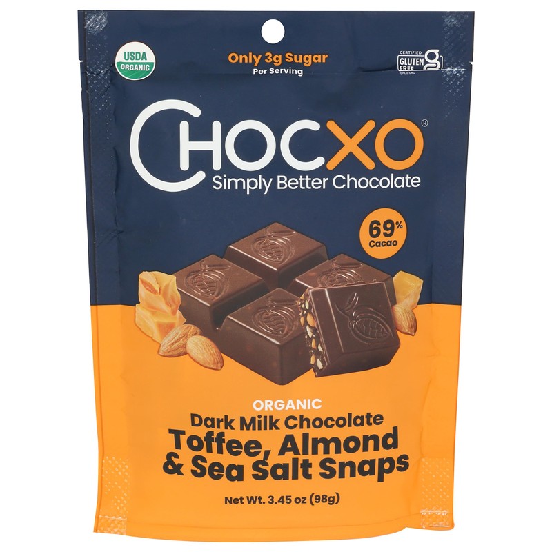 CHOCXO Organic Toffee Almond 69% Dark Milk Chocolate Snaps, 3.45