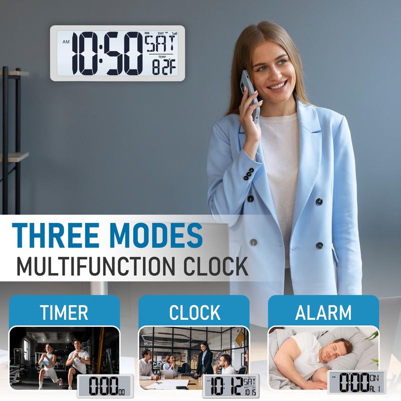 TXL Atomic Clock with Backlight, 14.2" Digital Wall Clock, Battery
