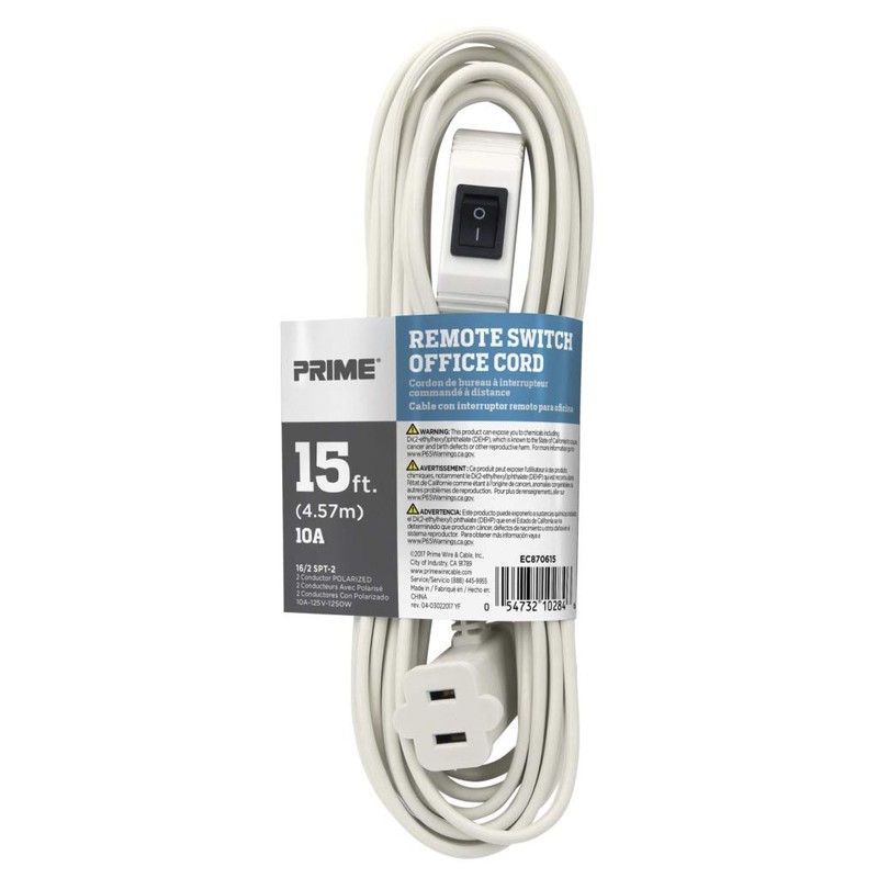Prime EC870615 15-Foot 16/2 SPT-2 Remote Switch Cord, White