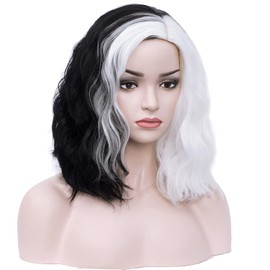 BERON 14 Inches Black White Wig Two Tone Wig Short Curly Wig Synthetic Wigs Black White Wig Split Wigs with Costume Accessory Set